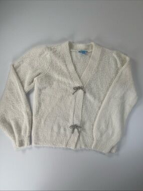 Draper James Lightweight Cream V-Neck Bow-Tie Knit Cardigan Sz M